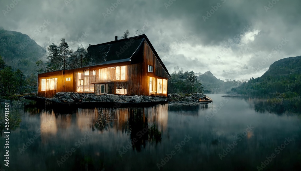 Solitary house floating on the lake surrounded by lush forest in autumn, ,made with Generative AI
