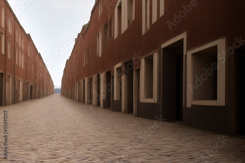 Surreal deserted minimalist cobblestone street between monotonous unadorned blocks of flats, depressive mood, central perspective, made with generative AI