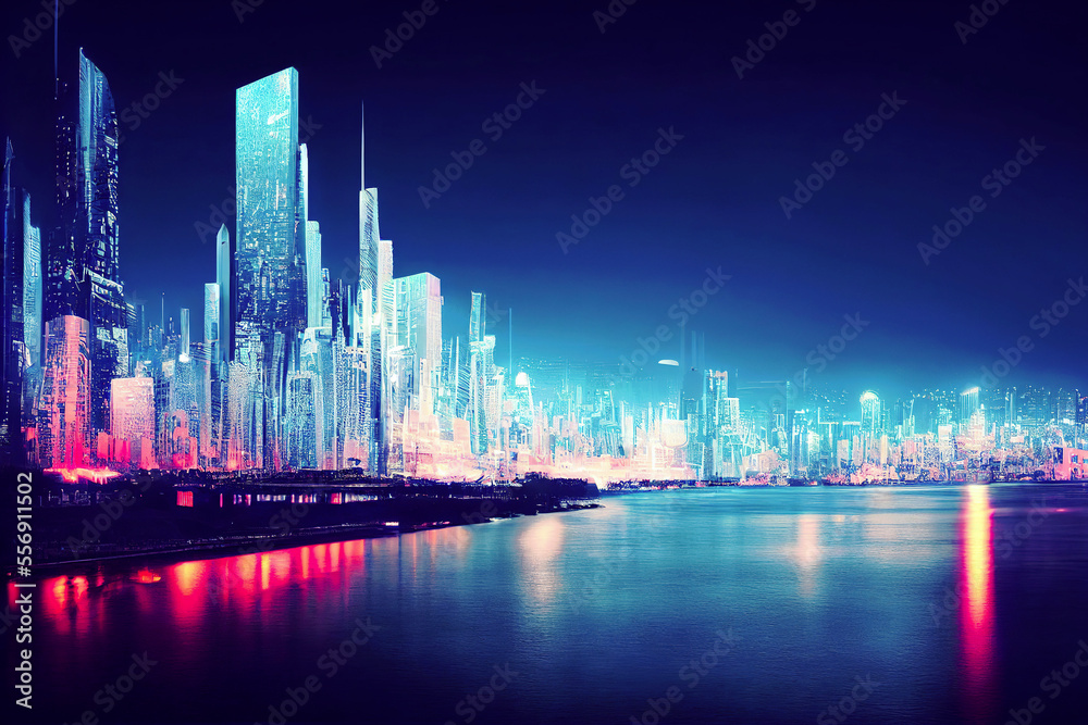 Fototapeta premium Futuristic cyberpunk city. Skyscrapers view, at night on a rainy day. Dark technology, urban town architecture ,made with Generative AI