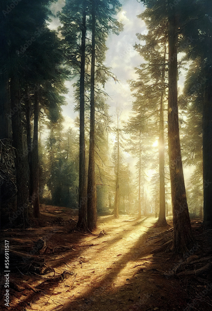 Fototapeta premium Foggy magic green forest with old trees ,made with Generative AI