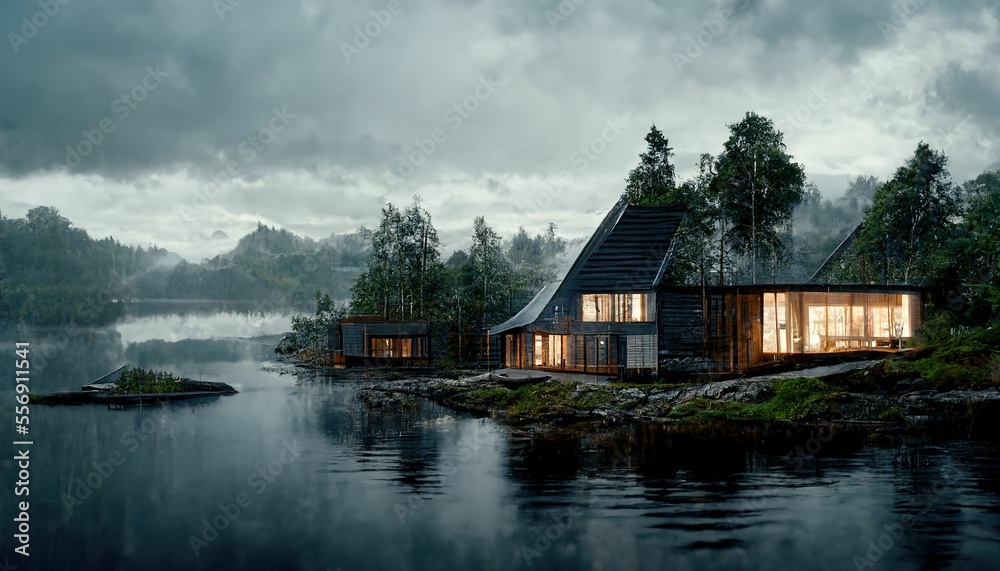 Solitary house floating on the lake surrounded by lush forest in autumn, ,made with Generative AI