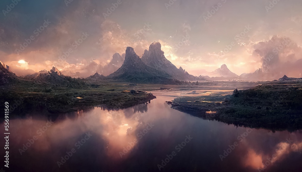 Mountain landscape with lake, jagged peaks and large clouds ,made with Generative AI