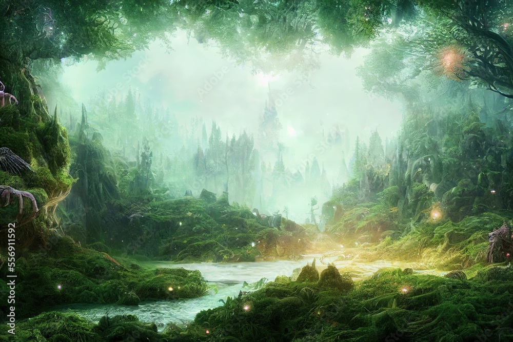 Foggy magic green forest with old trees ,made with Generative AI