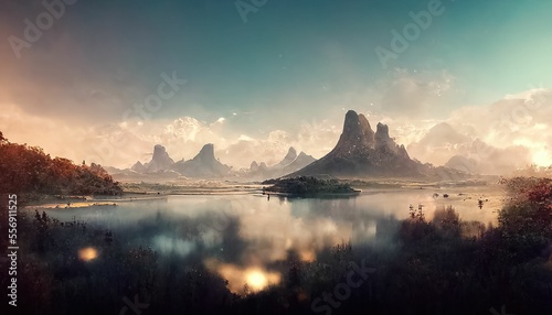 Mountain landscape with lake  jagged peaks and large clouds  made with Generative AI