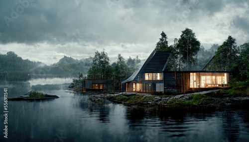 Solitary house floating on the lake surrounded by lush forest in autumn, ,made with Generative AI © DNY3D