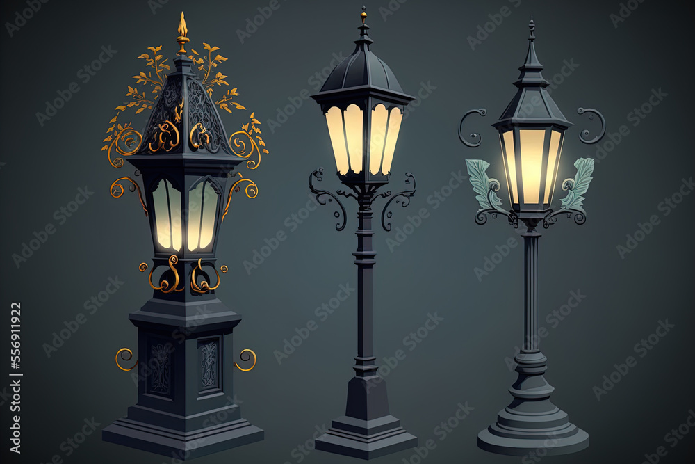 outdoor garden lighting flat set urban fixture. Building courtyard and outside interior street light position. Modern classic gothic style different size design solitary road. Generative AI