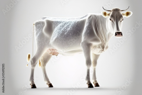 An agricultural product  cow meat  is posed sideways and set against a white backdrop. Image of a cow with a translucent backdrop and a clipping path. Generative AI