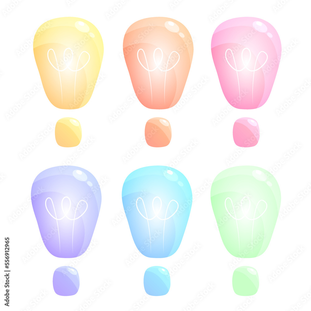 Set of vector doodle, flat color design elements, childlike, bulb, bulbs