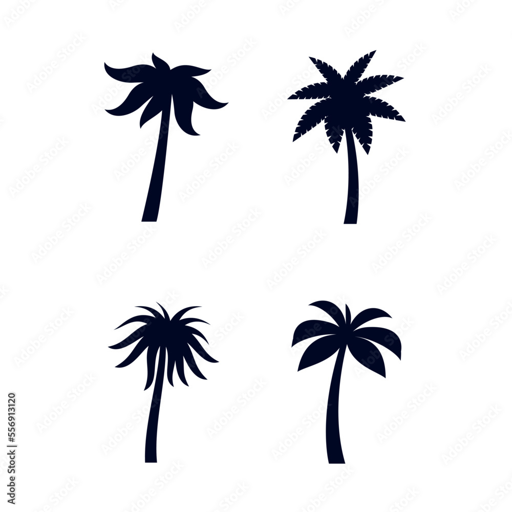 Set of African Rainforest Coconut Trees or Tropical Palm Trees on White. Simple Black Silhouette for Eco Floral Logotype Emblem in Retro Art, or Travel Logo Design