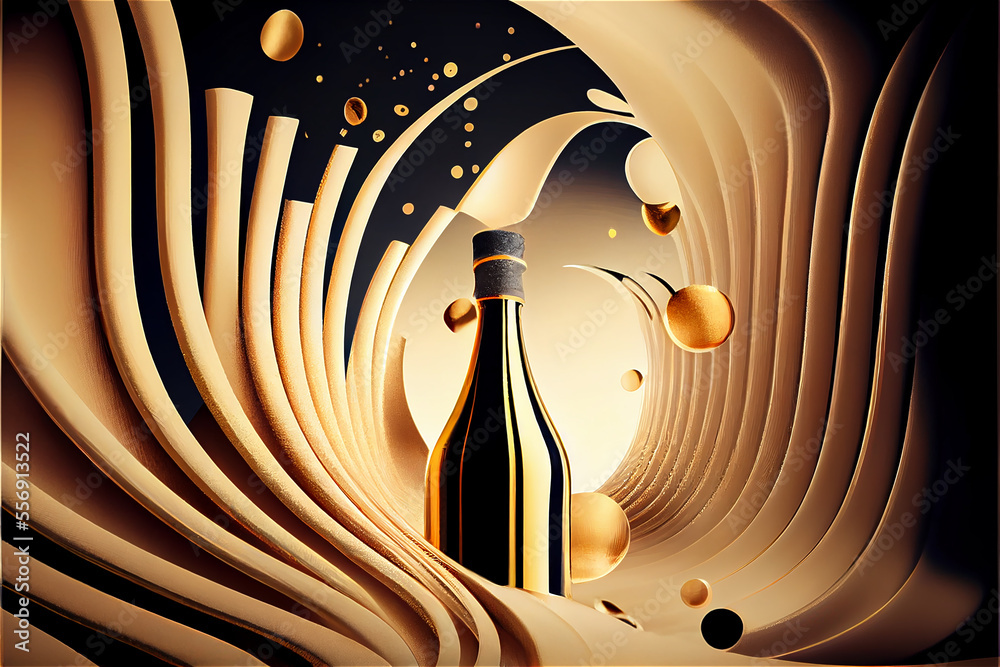 champagne bottle popping open in a golden art deco background Stock