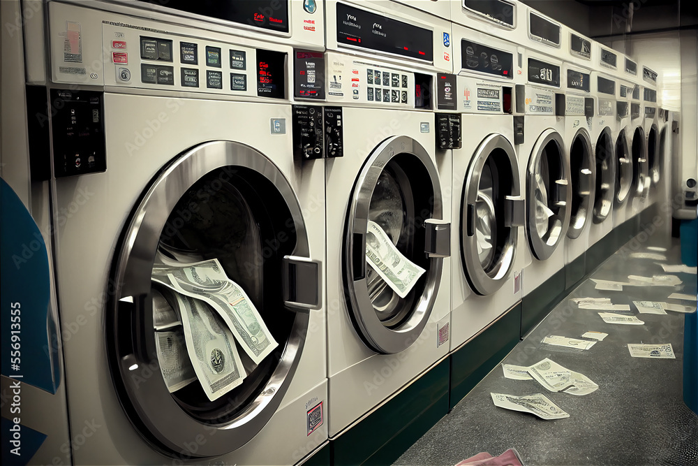 money laundering concept with dollars inside washing machines in a