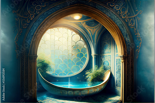 Luxury vintage Turkish bath in marble blue and gold