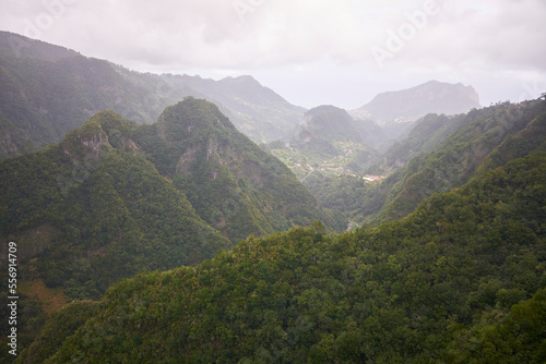 Madeira mountains landscape, foggy misty morning.