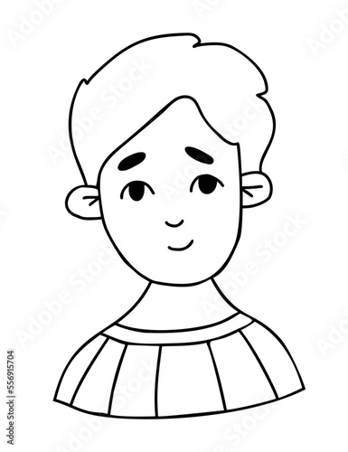 Cute happy boy. Doodle portrait of smiling curly child. Vector illustration. Outline hand drawing. Avatar male baby face.