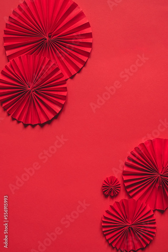 Chinese New Year 2023 .Decor pattern fan on red background. Red paper fans .Lunar New Year banner template. Lunar New Year chinese banner chinese new year background