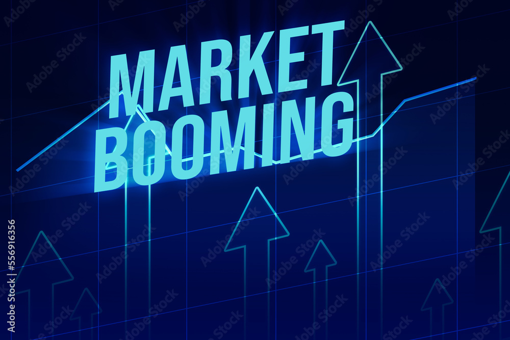 Market Booming business background with blue glowing arrows and graph. Modern finance and market concept backdrop