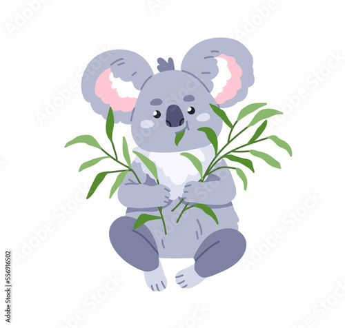 Cute koala eating leaf branch. Happy funny baby animal with green food. Adora...