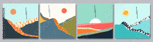Vector illustration. Hand drawn backgrounds collection. Marker strokes. Hills with clear sky. Doodle childish landscape. Japanese line pattern. Design elements for social media template, web banner