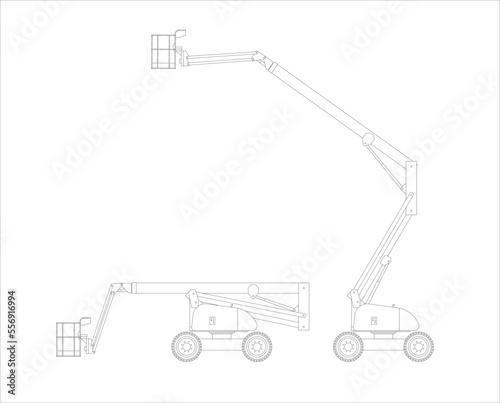Set of vector sketches of self-propelled telescopic lifting platforms. Transport and working position.