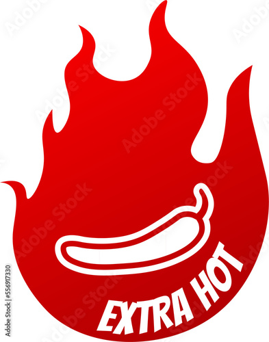 Extra hot spicy level chili pepper icons with flame. Hot levels signs illustration.