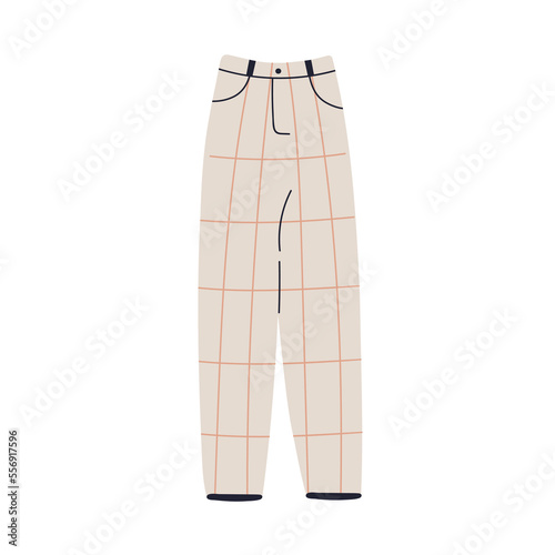Checkered trousers. Modern fashion pants, casual stylish wearing. Trendy legs garment. Women clothes design. Flat vector illustration isolated on white background