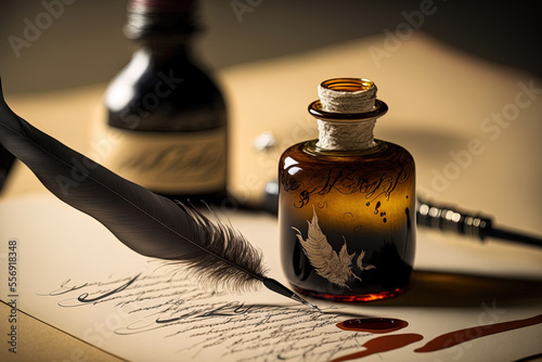 On a piece of paper with calligraphy on it, a quill set and an ink bottle are captured in a macro photo. Generative AI