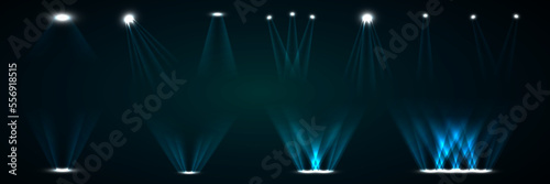 Creative vector illustration from a set of bright light spotlights, isolated light sources. Artistic design of a beam for a concert, stage lighting. Abstract concept graphic element