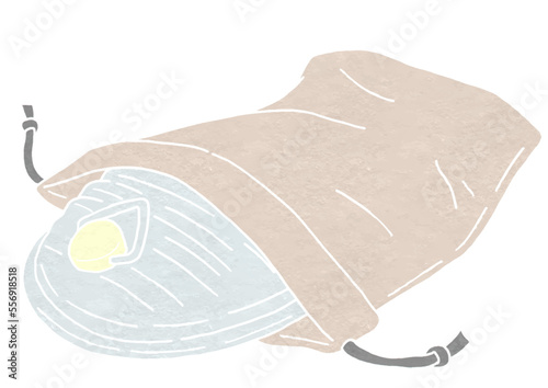 袋付き湯たんぽのイラスト（版画風）