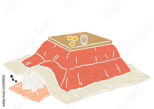 寝ているうさぎとこたつのイラスト（版画風）