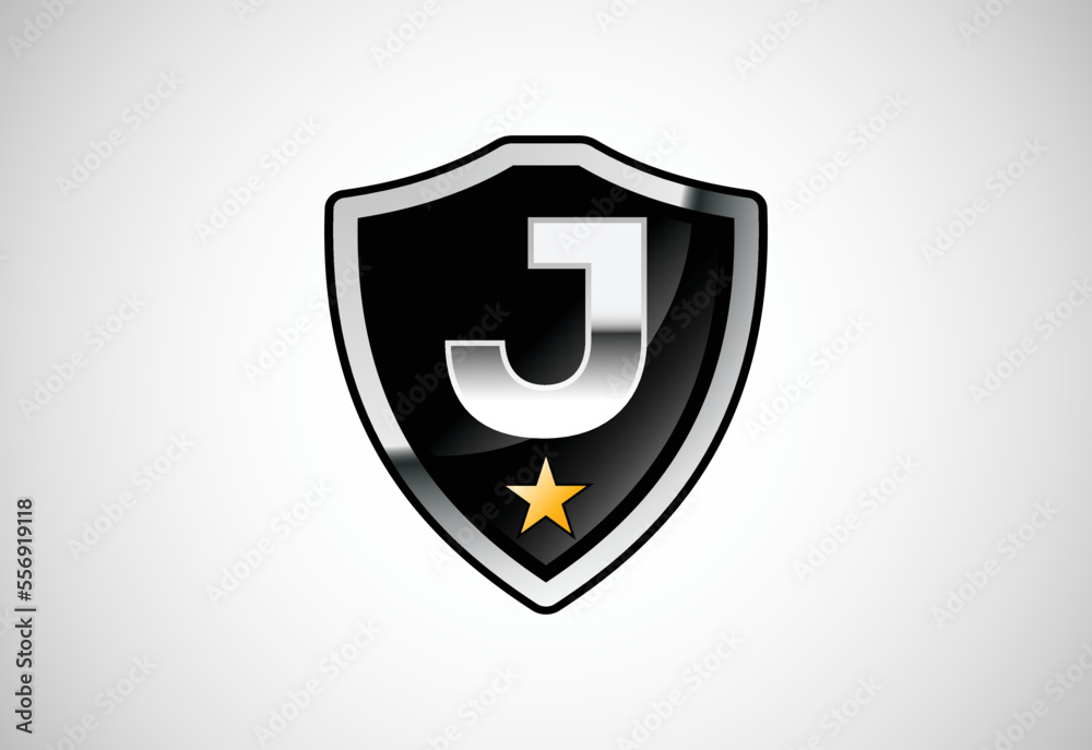 Initial letter J with shield icon logo design vector illustration. Shield with monogram alphabet Initial letter J with shield icon logo design vector illustration. Shield with monogram alphabet