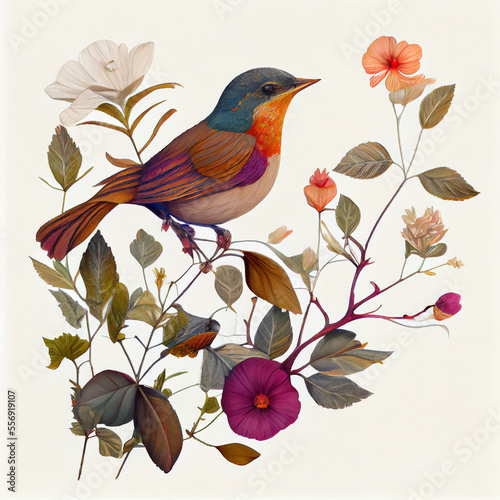 Illustration of a bird with flowers. beautiful color bird on flora. Leaves, twigs and flowers on a white background. © David Costa Art