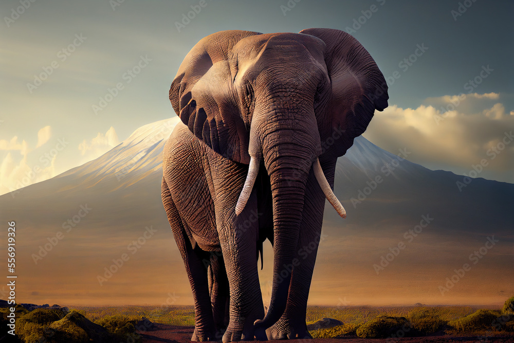 Fototapeta premium Elephant in Mt. Kilimanjaro landscape, Generative AI