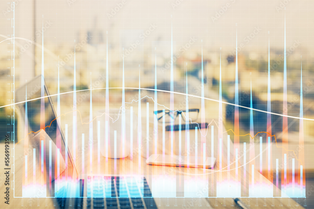 Stock market graph and table with computer background. Double exposure. Concept of financial analysis. Stock market graph and table with computer background. Double exposure. Concept of financial analysis.