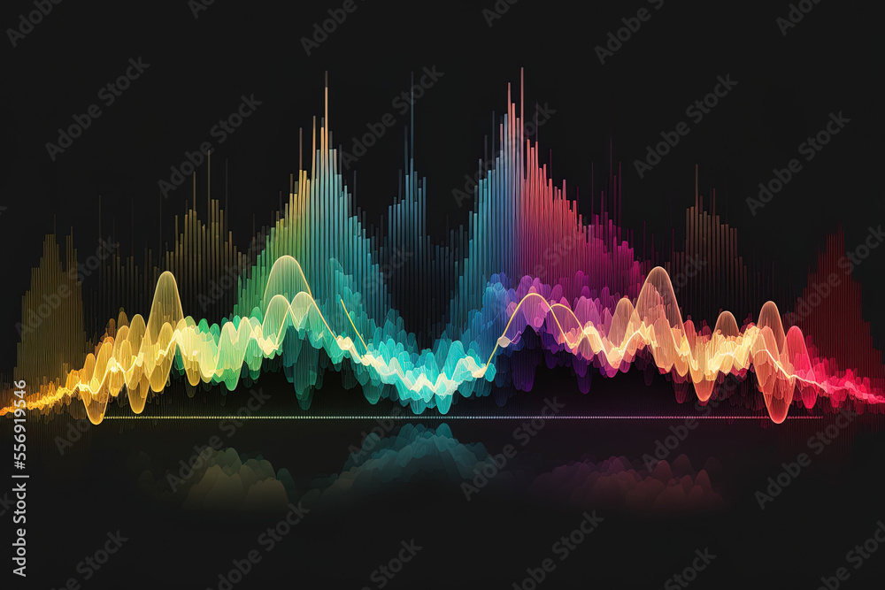 Background of a multicolored audio waveform representing digital equalization technology. Generative AI