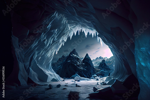 Winter landscape of snow capped mountains and caves, Generative AI