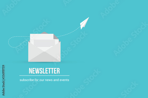 Newsletter. vector illustration of email marketing. subscription to newsletter, news, offers, promotions. a letter and envelope. subscribe, submit. send by mail.	