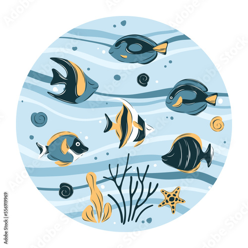 Fish and marine animals in ocean. Set of marine life objects for your design. Flat cartoon vector illustration.