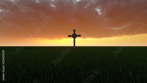 cross in the grass field 3d render