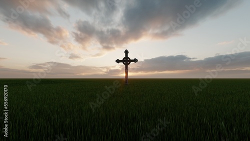 cross in the grass field 3d render