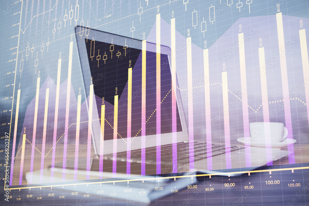 Stock market graph and table with computer background. Double exposure. Concept of financial analysis. Stock market graph and table with computer background. Double exposure. Concept of financial analysis.