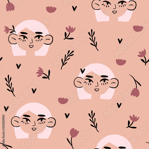 Vector seamless pattern with blond hair girl portraits. Red hair women. Spring girl pattern on light background. Vector illustration