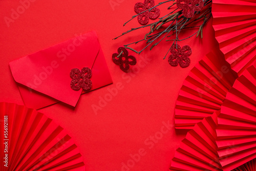 Chinese New Year 2023 .Decor pattern fan on red background. Red paper fans .Lunar New Year banner template. Lunar New Year,chinese banner