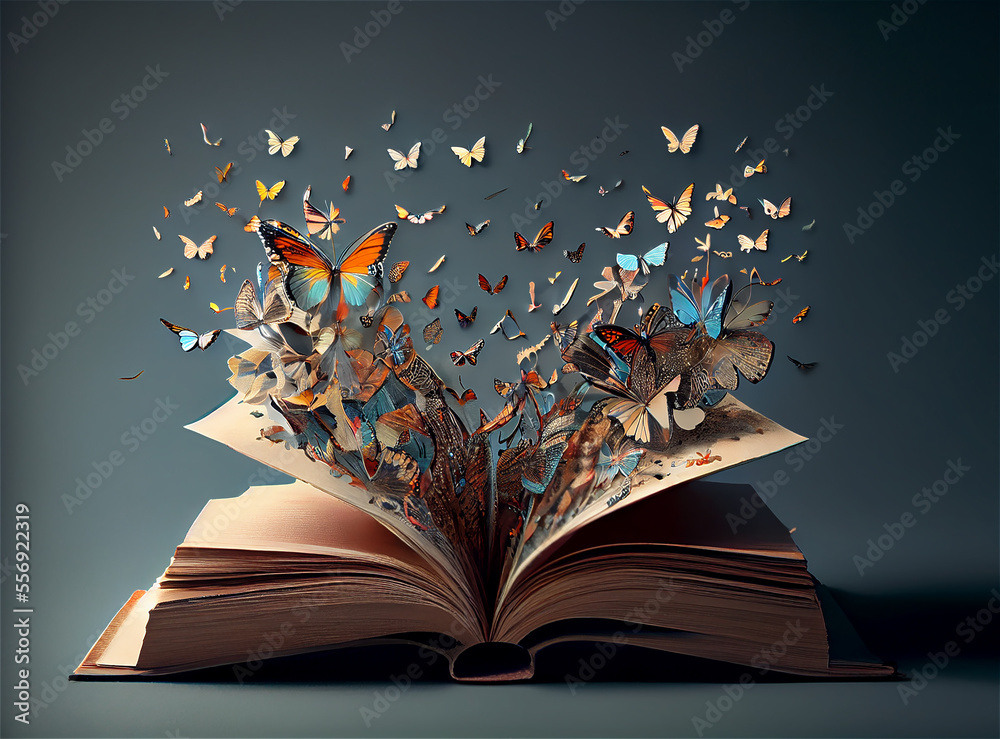 An open book with butterflies coming out of it ideal for fantasy and literature backgrounds - obrazy, fototapety, plakaty 