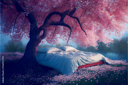Bed outdoors under a cherry...