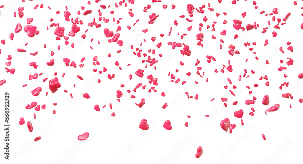 Falling red and pink hearts isolated on transparent background. Valentine’s day design. 3D rendering