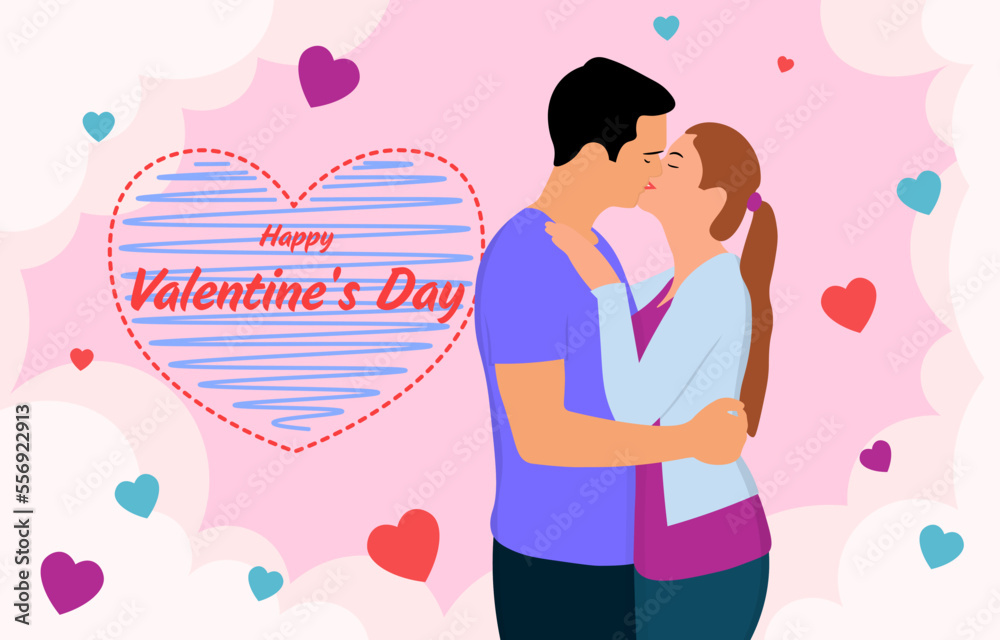 happy valentines day flat background with embracing and kissing couple on background from big love heartm, color little hearts and gentle clouds happy valentines day flat background with embracing and kissing couple on background from big love heartm, color little hearts and gentle clouds