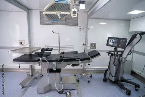 Medical equipment and devices in the operating room of a hospital emergency room.