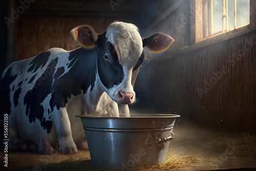 Milk was supplied to dairy calves in the stable. On a dairy farm, a calf is drinking milk from a bowl. Generative AI photo