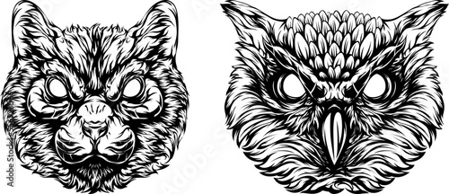 Black and white hand drawn face of cat and owl. Tattoo illustration mascot art.