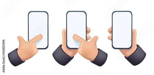 Smartphone in hand realistic 3D cartoon. Hand holding mobile smart phone. Modern mockup. 3D render vector design icon. Vector illustration. Mobile app design mockup, modern responsive web